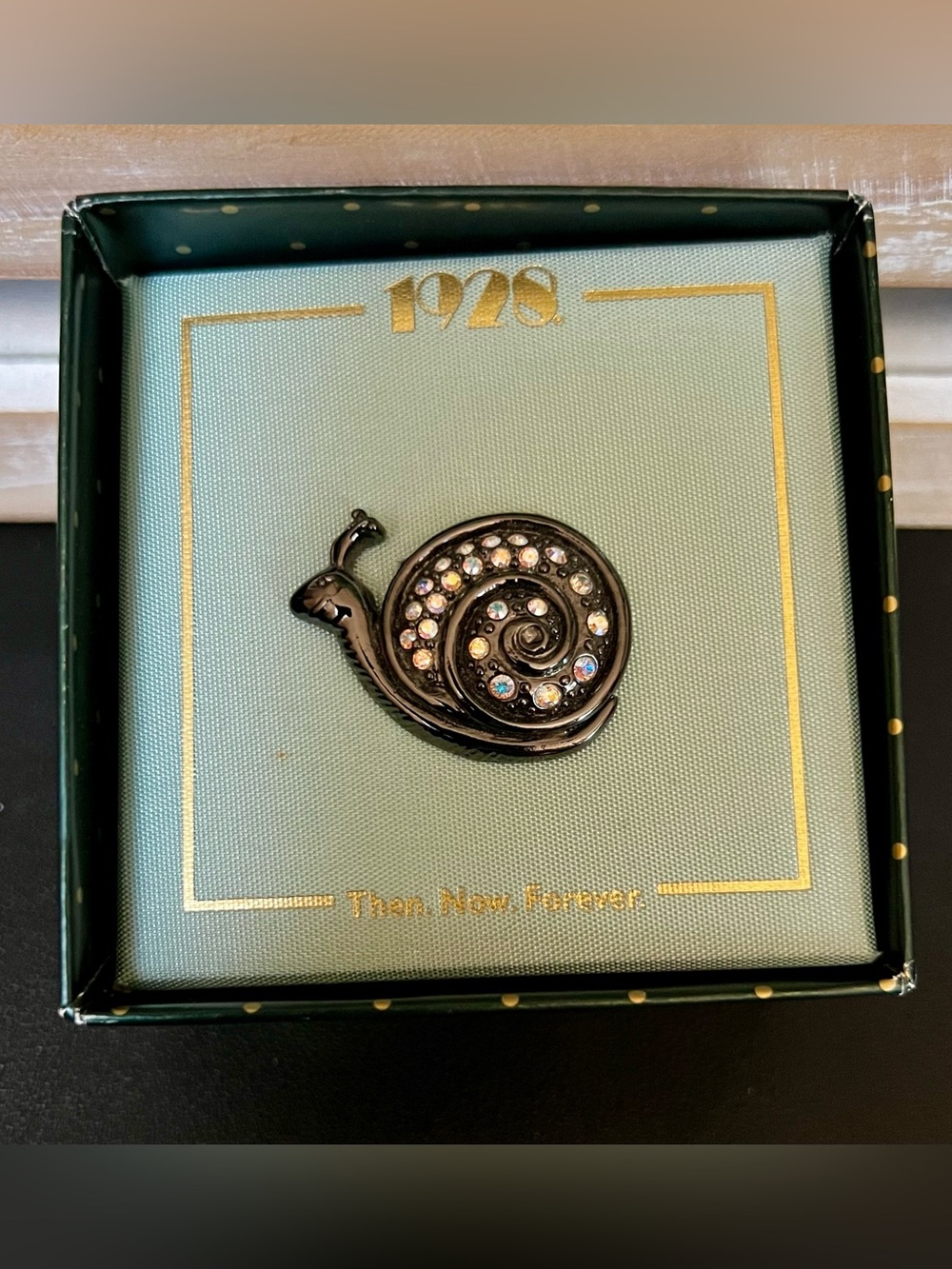 1928 JEWELRY Co Black Tone Iridescent Rhinestone Snail Brooch Pin w/Box Vintage